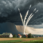 A dramatic landscape depicting cloud seeding rockets launching into a stormy sky over a rural Russian village, emphasizing the dependence of the villagers' crops on weather modification technology. Focus on a realistic, slightly desaturated color palette to convey the seriousness and the rural setting.