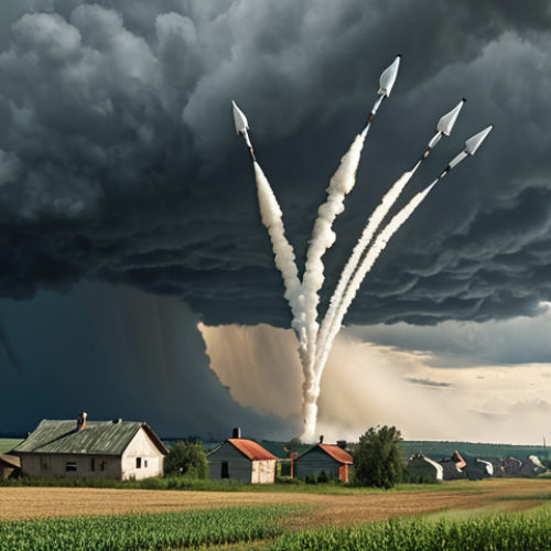 Home 23 A dramatic landscape depicting cloud seeding rockets launching into a stormy sky over a rural Russian village, emphasizing the dependence of the villagers' crops on weather modification technology. Focus on a realistic, slightly desaturated color palette to convey the seriousness and the rural setting.