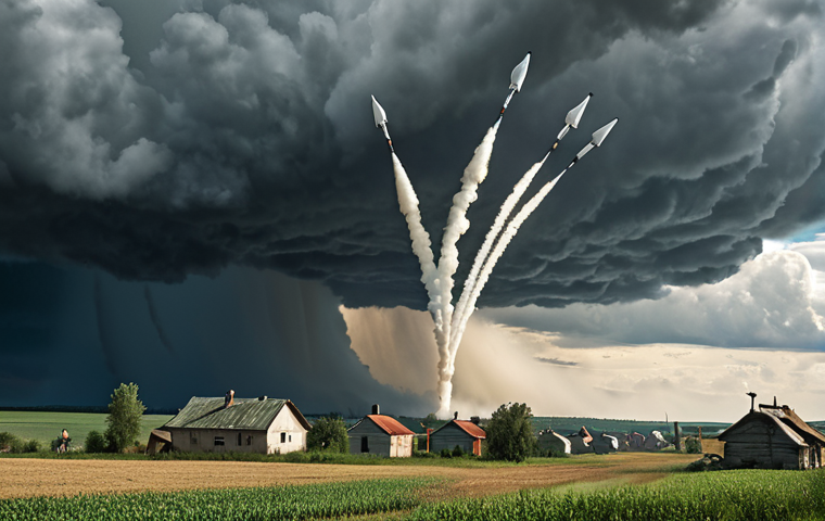 A dramatic landscape depicting cloud seeding rockets launching into a stormy sky over a rural Russian village, emphasizing the dependence of the villagers' crops on weather modification technology. Focus on a realistic, slightly desaturated color palette to convey the seriousness and the rural setting.
