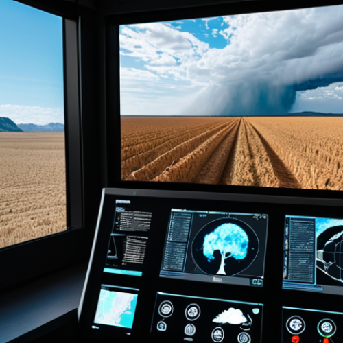 Home 22 **
A futuristic weather control center. Scientists monitor holographic displays showing complex weather patterns, using AI to predict and potentially modify them. Outside the large window, a split scene: one side experiencing a severe drought, the other a controlled, thriving agricultural landscape. The overall tone is hopeful yet cautionary, suggesting both the potential and the risks of climate management.
**