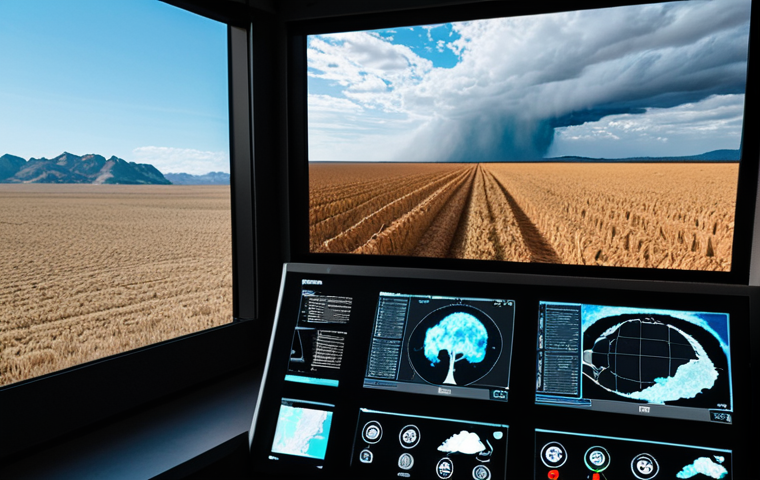 **

A futuristic weather control center.  Scientists monitor holographic displays showing complex weather patterns, using AI to predict and potentially modify them.  Outside the large window, a split scene: one side experiencing a severe drought, the other a controlled, thriving agricultural landscape.  The overall tone is hopeful yet cautionary, suggesting both the potential and the risks of climate management.

**