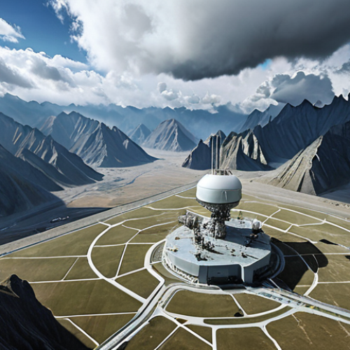 Home 21 A dramatic aerial view of a vast Chinese landscape, showcasing a network of weather monitoring stations and cloud seeding equipment amidst towering mountains. The sky is partially cloudy, with some clouds appearing to dissipate, hinting at weather modification efforts. Emphasis on the technological infrastructure and the scale of China's weather control program. Style: Realistic, slightly dystopian.