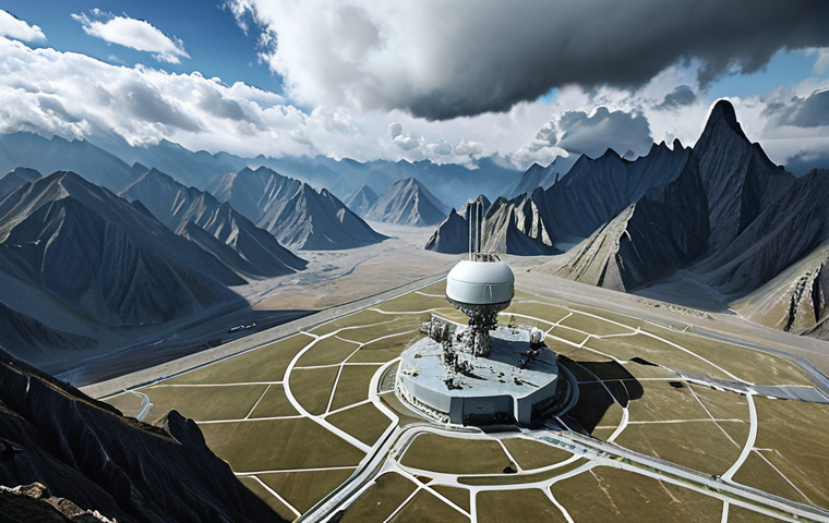 A dramatic aerial view of a vast Chinese landscape, showcasing a network of weather monitoring stations and cloud seeding equipment amidst towering mountains. The sky is partially cloudy, with some clouds appearing to dissipate, hinting at weather modification efforts. Emphasis on the technological infrastructure and the scale of China's weather control program. Style: Realistic, slightly dystopian.