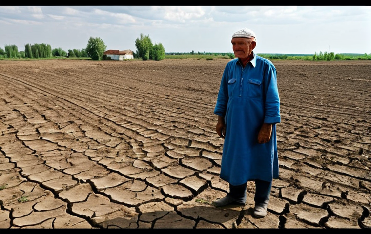 Rural Drought & Hope**
A parched field in the Krasnodar region, Russia, cracked earth under a scorching sun. In the distance, a farmer in modest clothing stands, looking hopefully at a single, small rain cloud on the horizon. Traditional Russian village in the background. Overcast sky. Safe for work, appropriate content, fully clothed, professional photography, perfect anatomy, natural proportions, family-friendly.
**