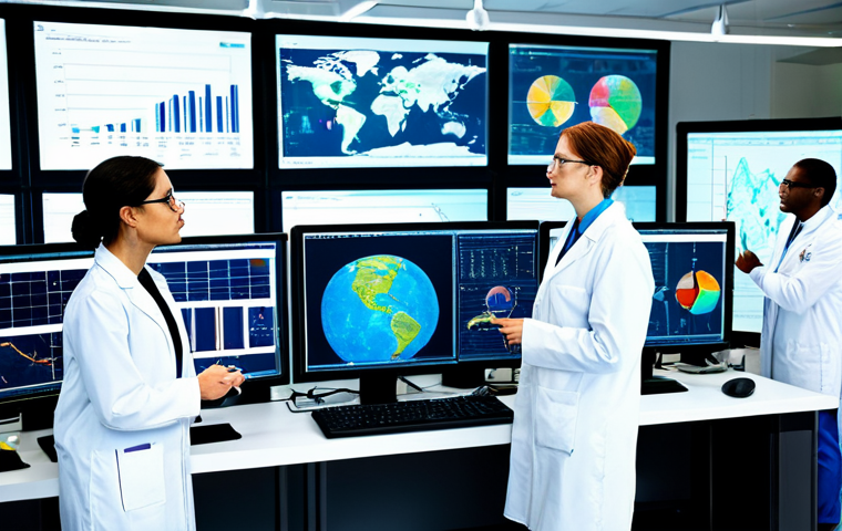 **
A team of diverse scientists in a high-tech laboratory, analyzing data related to weather patterns and climate change. The lab is filled with computer screens displaying graphs and charts. Everyone is fully clothed in lab coats and appropriate attire. Safe for work, perfect anatomy, natural proportions, professional, modest.
**