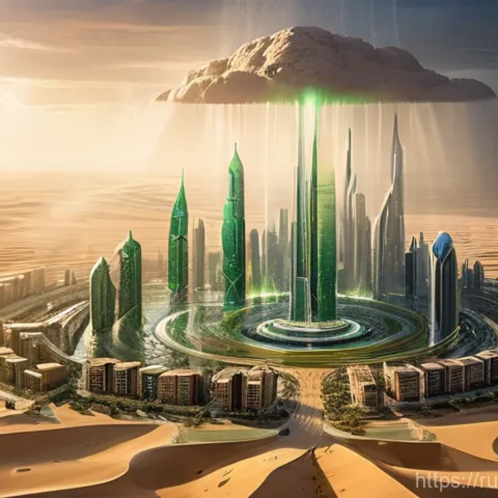 기상조절 연구의 주요 성공 사례 - **Prompt: Futuristic Artificial Rain over a Desert City**
"A stunning aerial view of a modern de...
