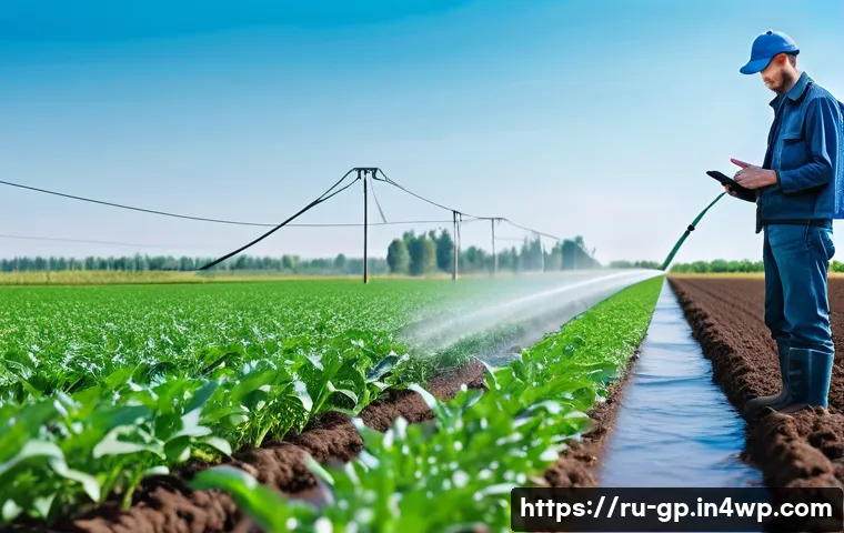 기상조절 기술이 농업에 미치는 영향 - A modern Russian farm field with smart drip irrigation system in action, showing water droplets prec...