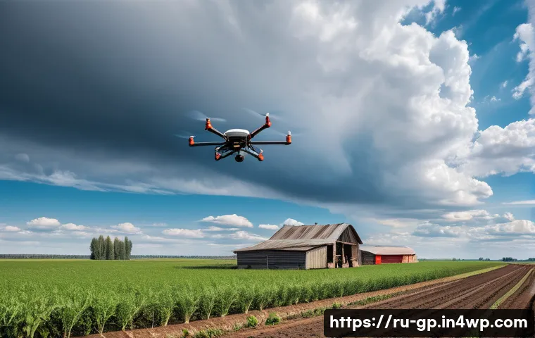 기상조절 기술의 대중 인식 변화 - A detailed scene of a modern agricultural field in rural Russia during a dry season, showcasing clou...