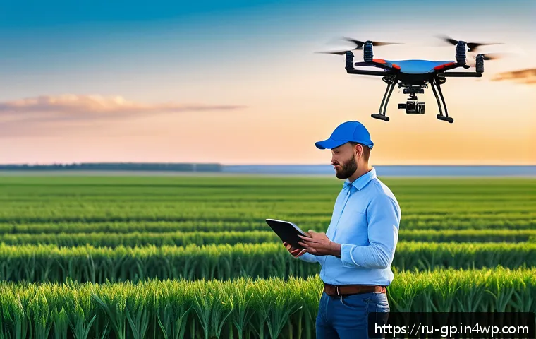 기상조절 연구의 국제적인 비즈니스 모델 - A modern Russian agricultural field equipped with advanced climate monitoring technology: drones fly...
